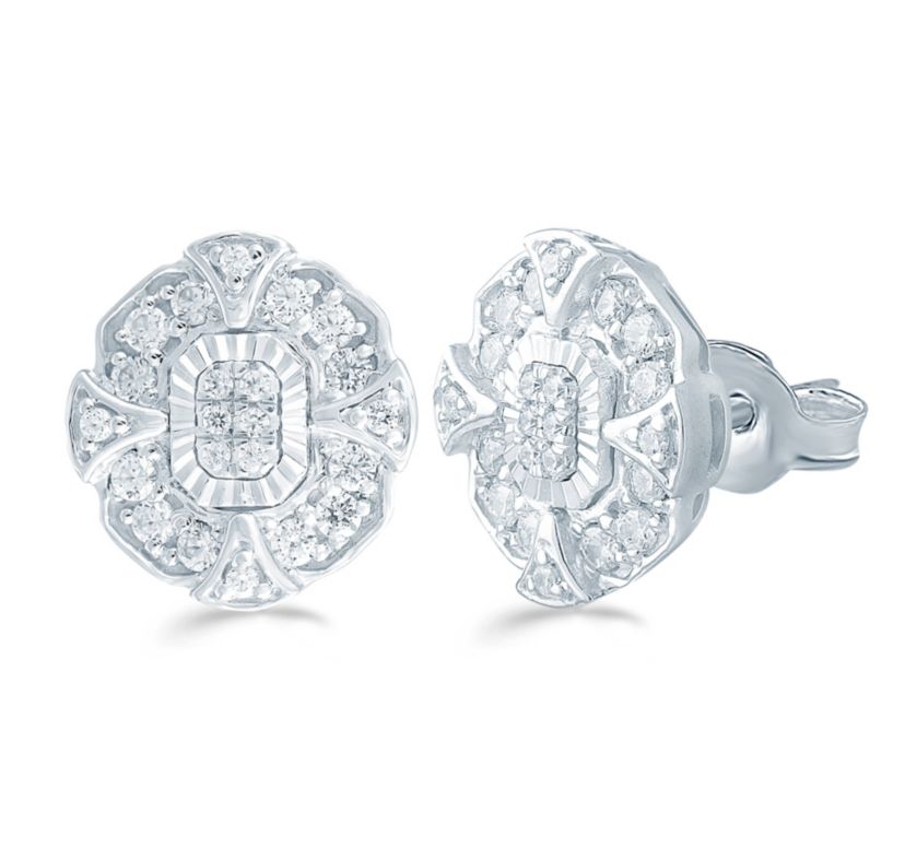 3/8 ct. t.w. Natural Diamond Emerald Cluster Stud Earring set in 925 Sterling Silver