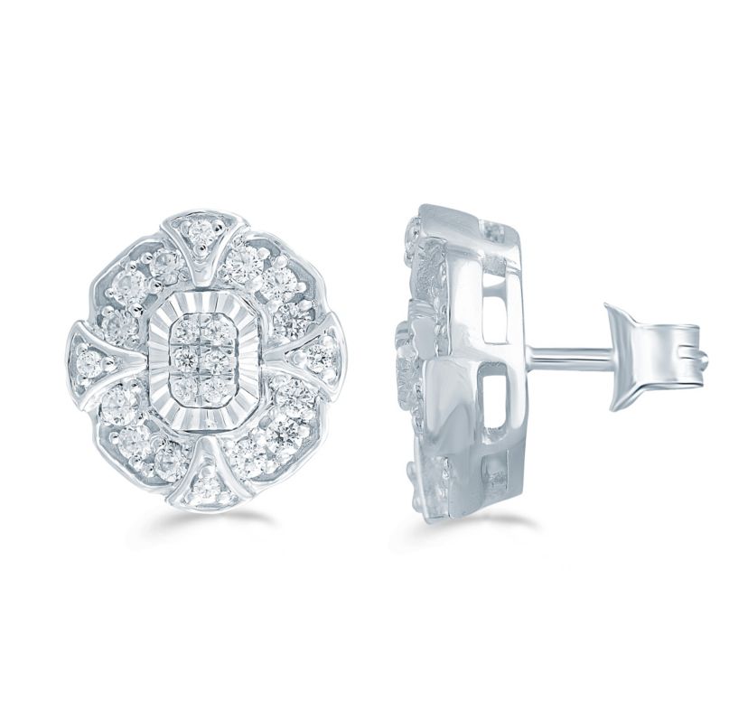 3/8 ct. t.w. Natural Diamond Emerald Cluster Stud Earring set in 925 Sterling Silver