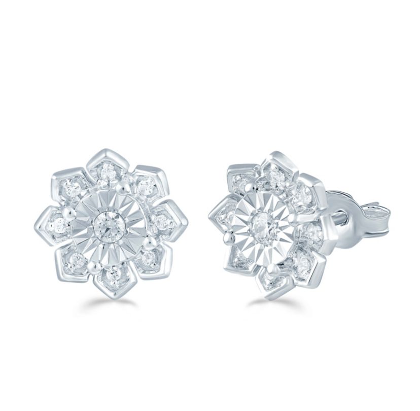 1/6Ctw Diamond Floral Cluster Stud Earring in 925 Sterling Silver