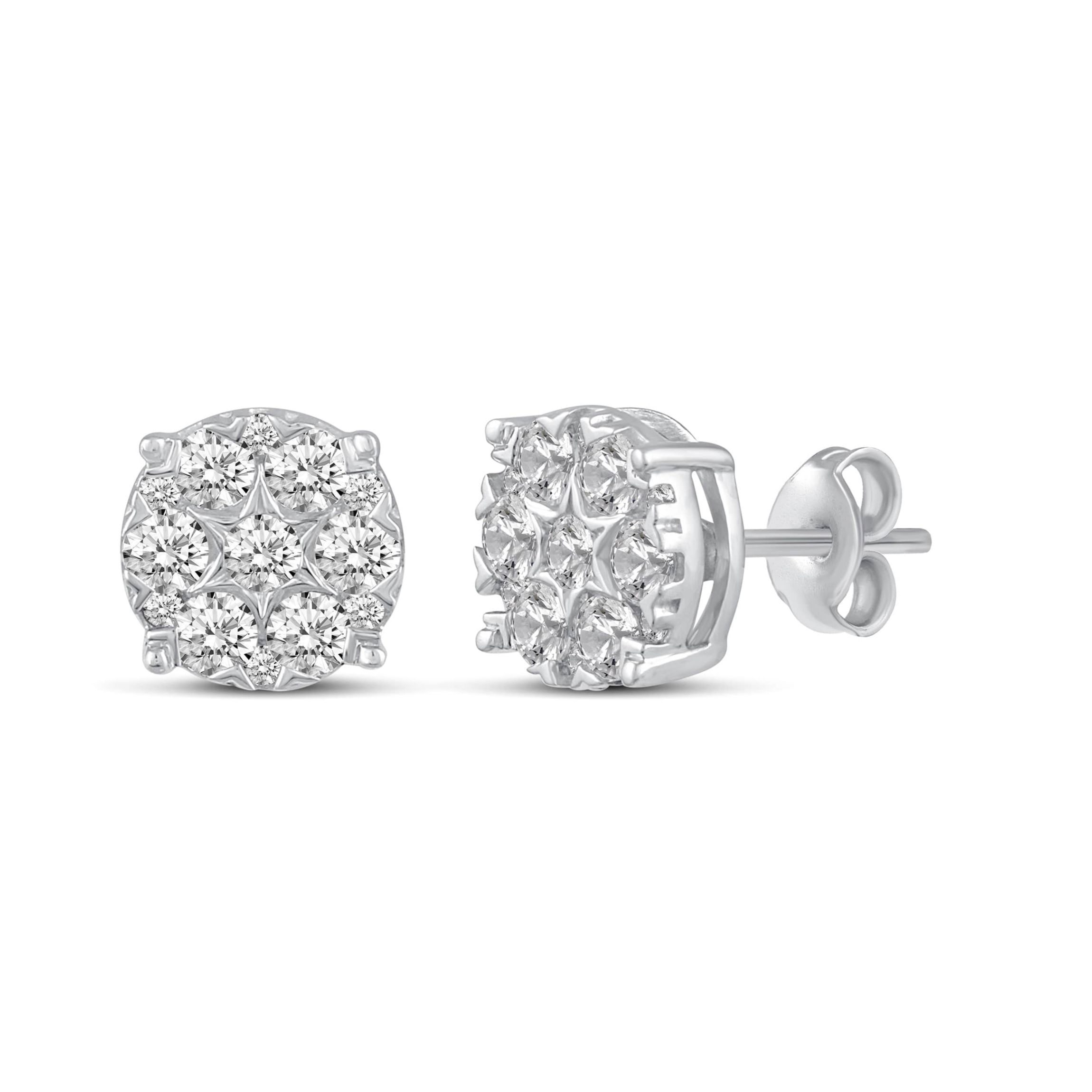 1.00 ct. t.w. Natural Diamond Round Cluster Earrings set in 925 Sterling Silver