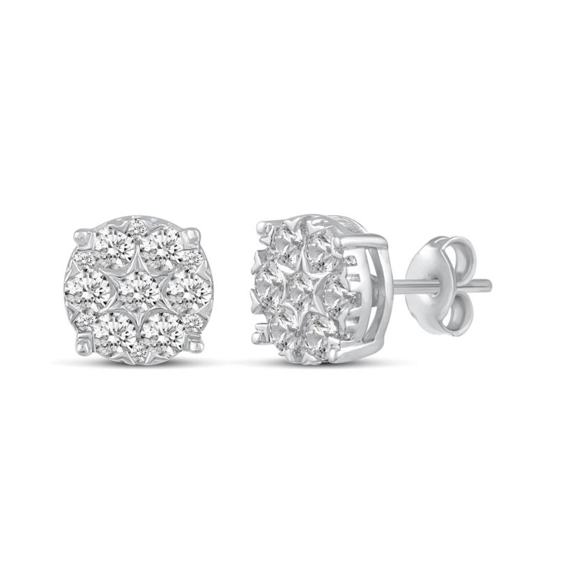 1.00 ct. t.w. Natural Diamond Round Cluster Earrings set in 925 Sterling Silver