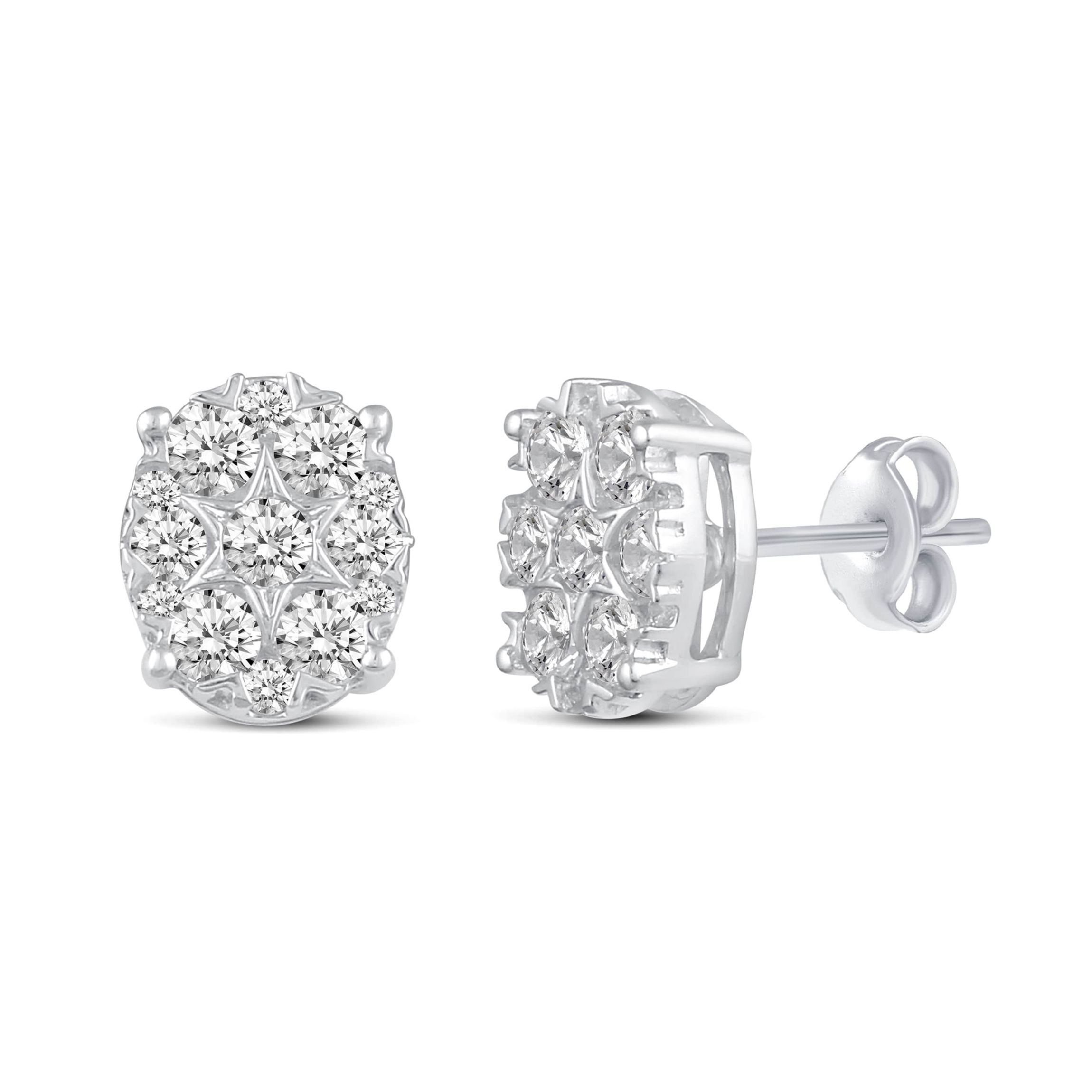 1.00 ct. t.w. Natural Diamond Oval Cluster Earrings set in 925 Sterling Silver