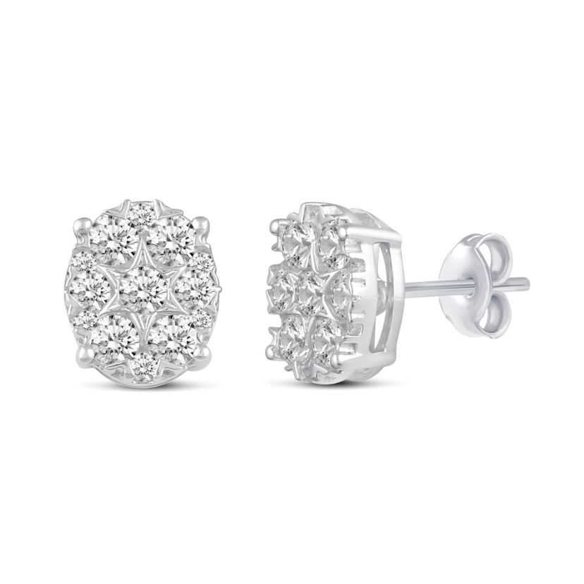 1.00 ct. t.w. Natural Diamond Oval Cluster Earrings set in 925 Sterling Silver