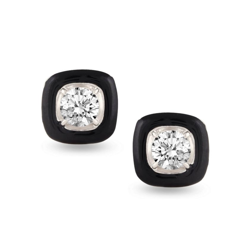 1/4Ctw Square Black Enamel Diamond Stud Earrings set in 925 Sterling Silver
