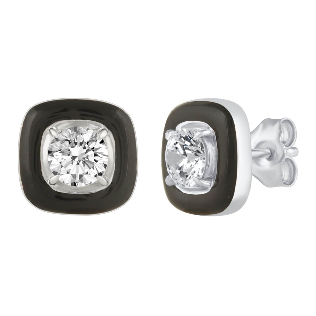 1/4Ctw Square Black Enamel Diamond Stud Earrings set in 925 Sterling Silver