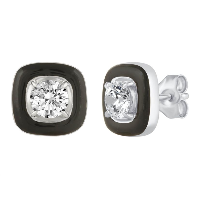 1/4Ctw Square Black Enamel Diamond Stud Earrings set in 925 Sterling Silver