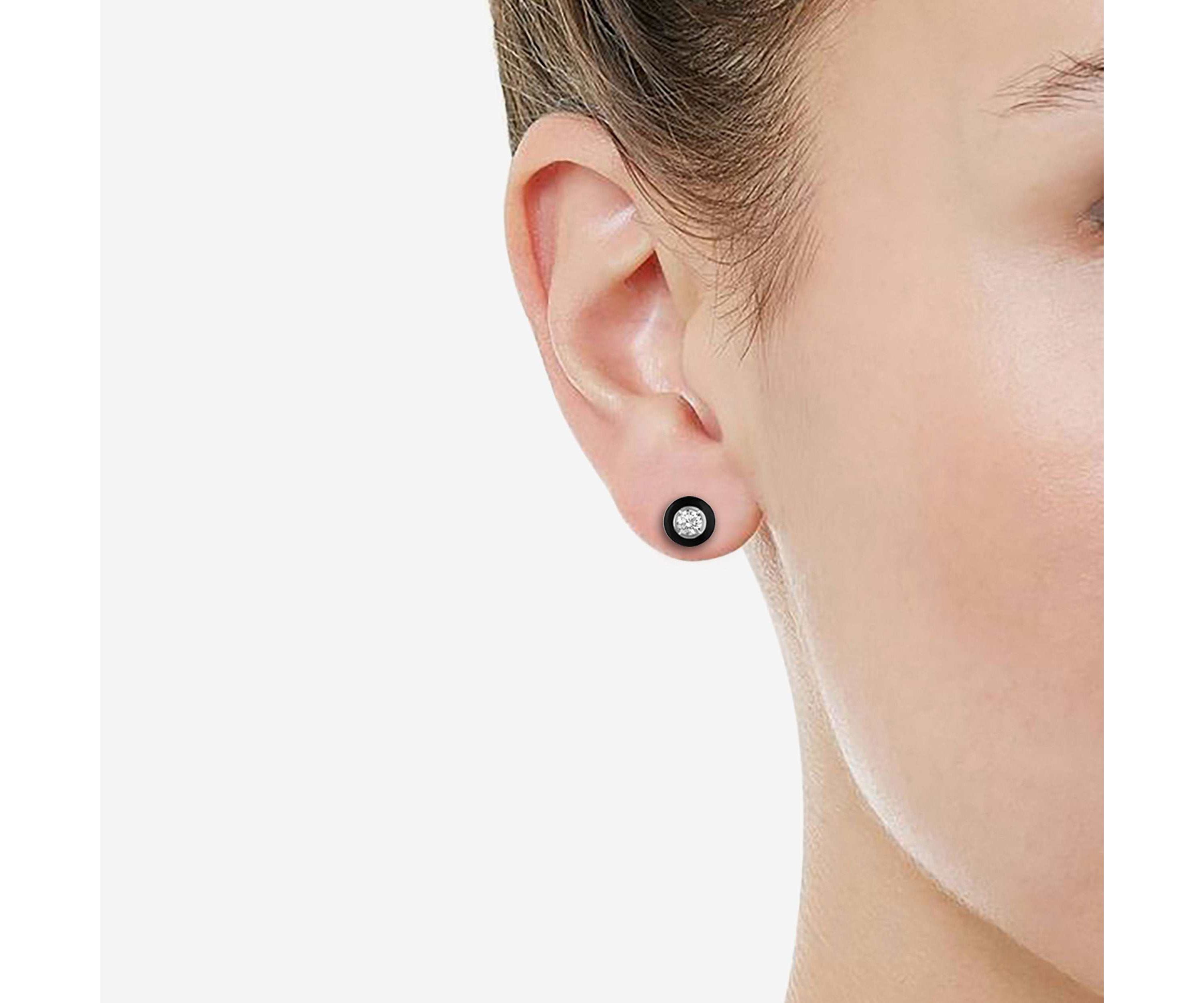 1/4Ctw Black Enamel Diamond Stud Earrings set in 925 Sterling Silver