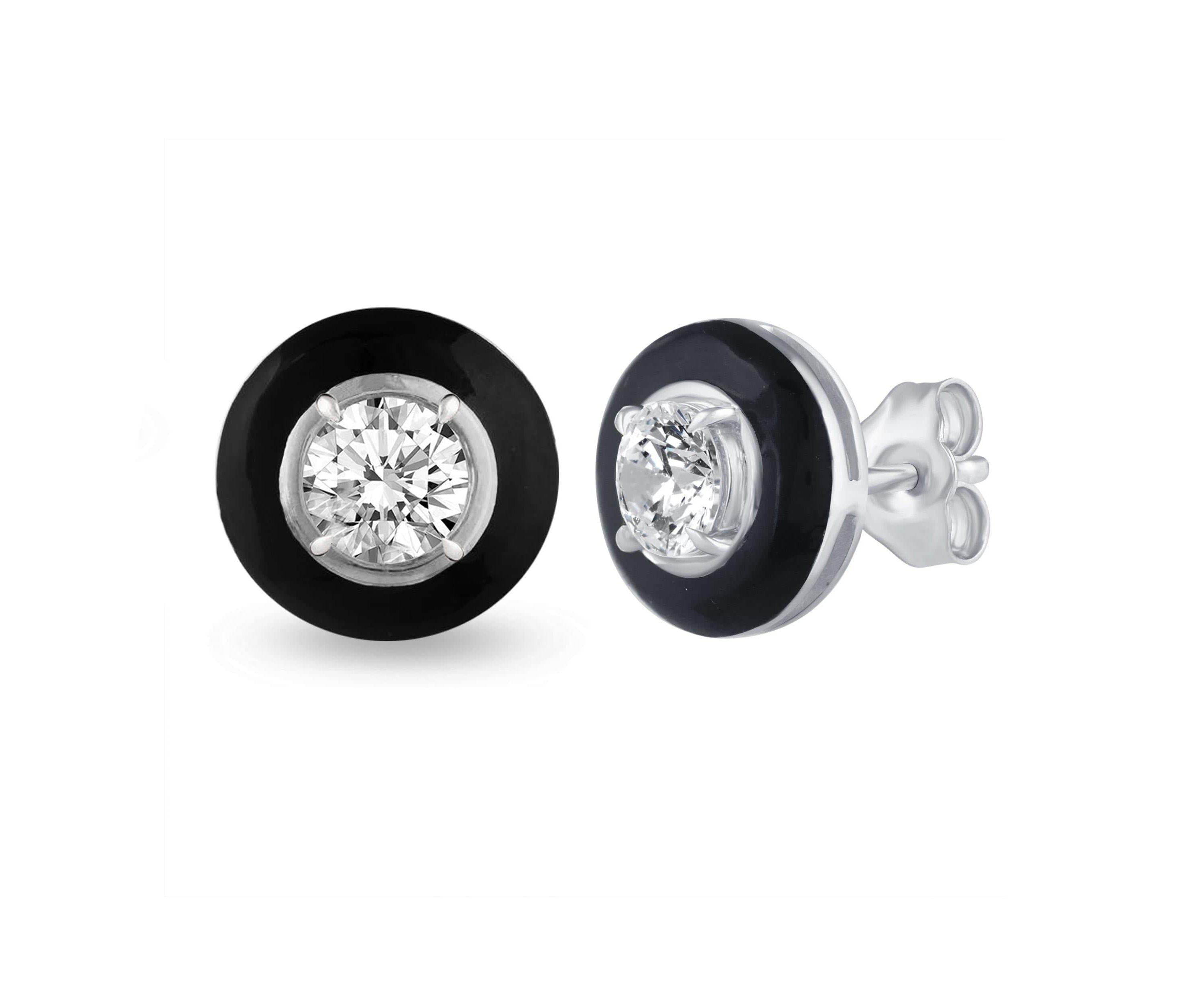 1/4Ctw Black Enamel Diamond Stud Earrings set in 925 Sterling Silver