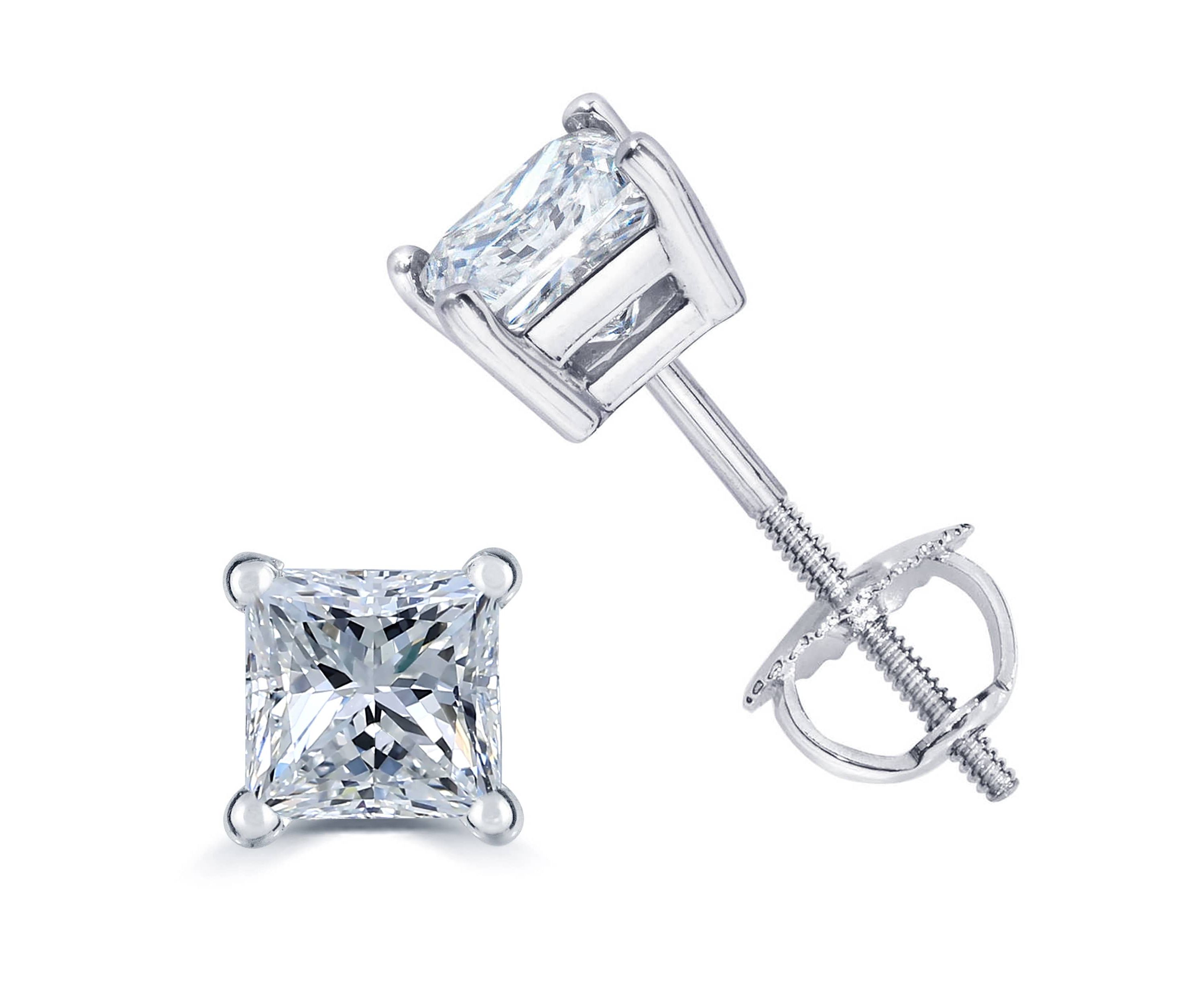 1/2Ctw Princess Cut Natural Diamond Stud Earrings Set in 14K Gold with Screw Backs
