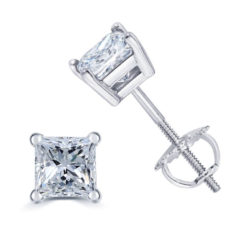 1/2Ctw Princess Cut Natural Diamond Stud Earrings Set in 14K Gold with Screw Backs
