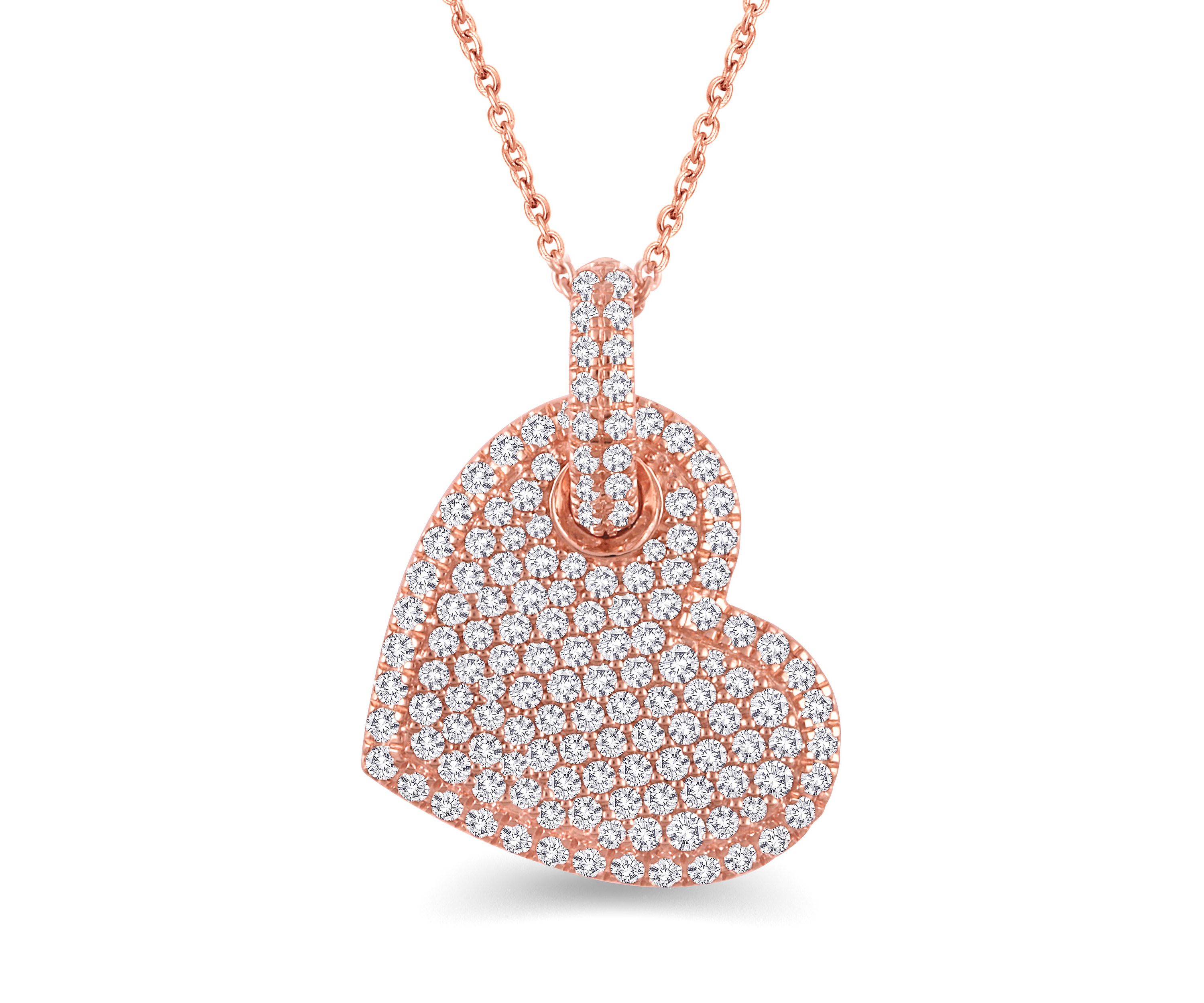 1 Ctw Diamond Heart Pendant in 14K Rose Gold with 18" cable chain