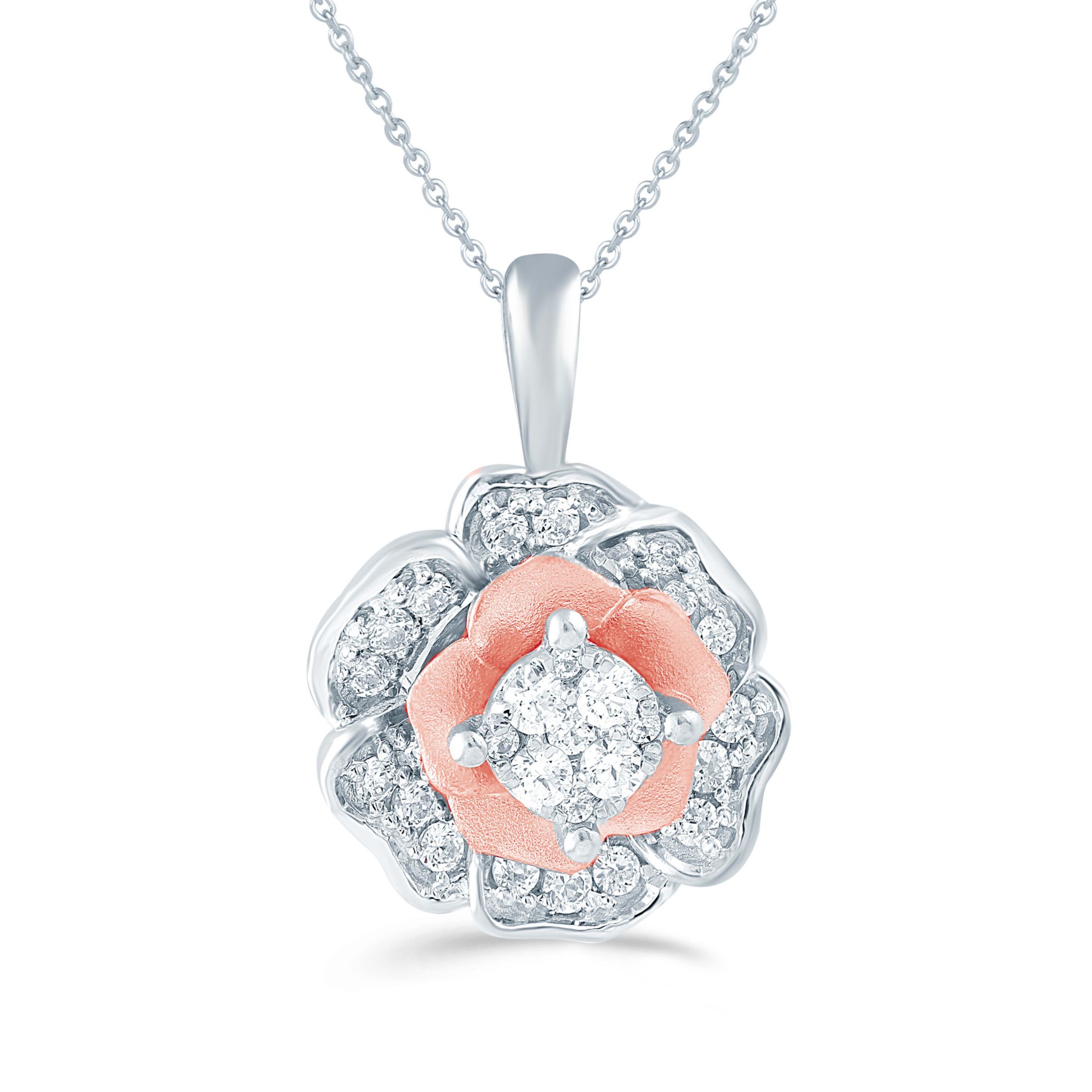1/4Ctw Diamond Floral Cluster Pendant in 925 Sterling Silver & Pink Rhodium plated with 18" cable chain