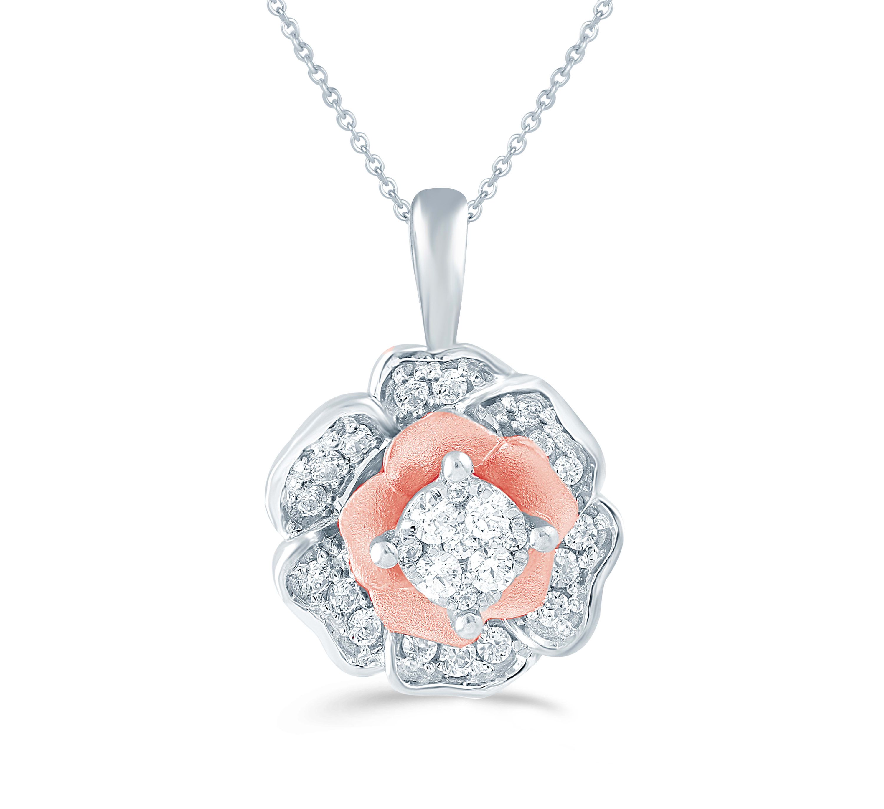 1/4Ctw Diamond Floral Cluster Pendant in 925 Sterling Silver & Pink Rhodium plated with 18" cable chain