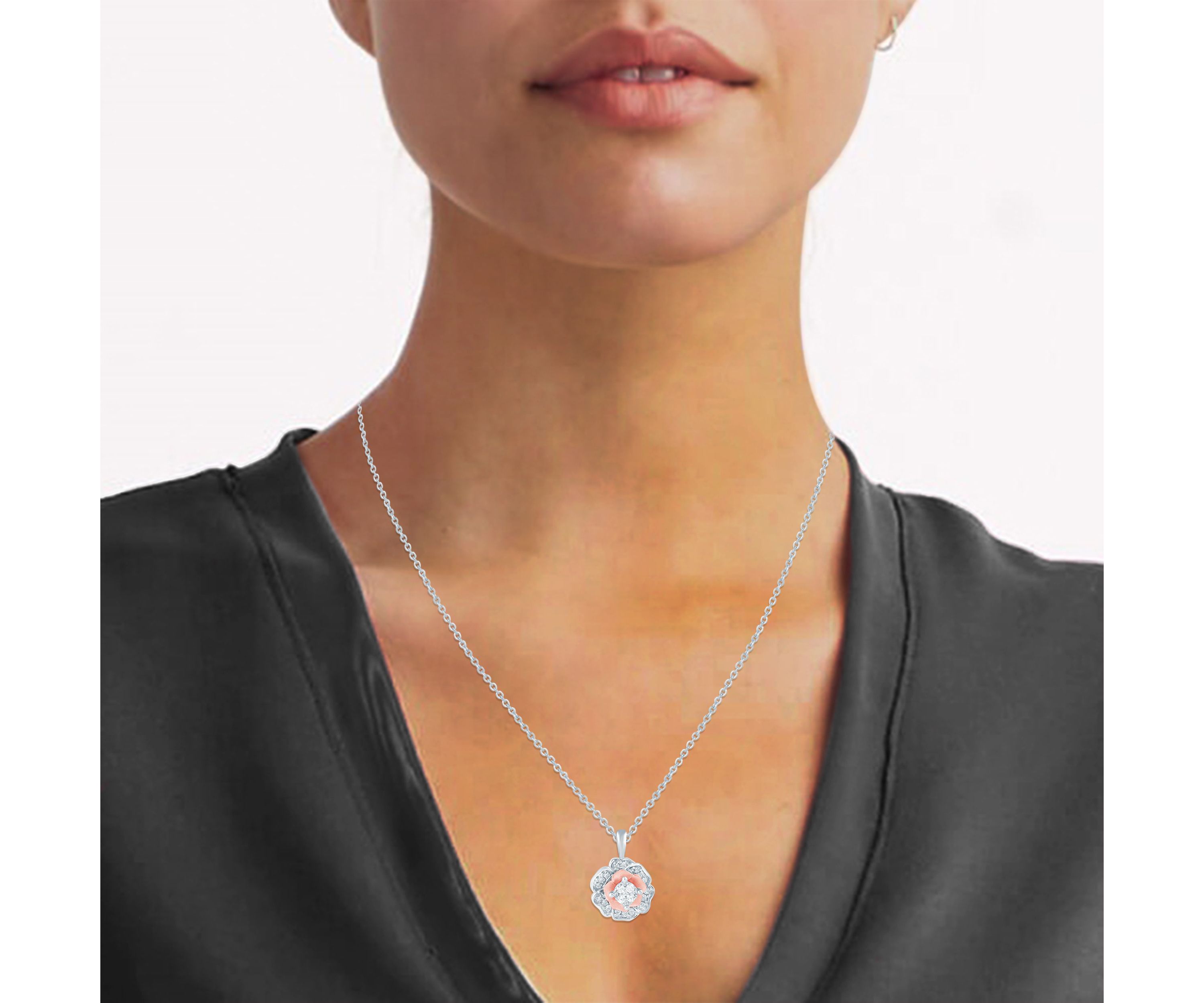 1/4Ctw Diamond Floral Cluster Pendant in 925 Sterling Silver & Pink Rhodium plated with 18" cable chain