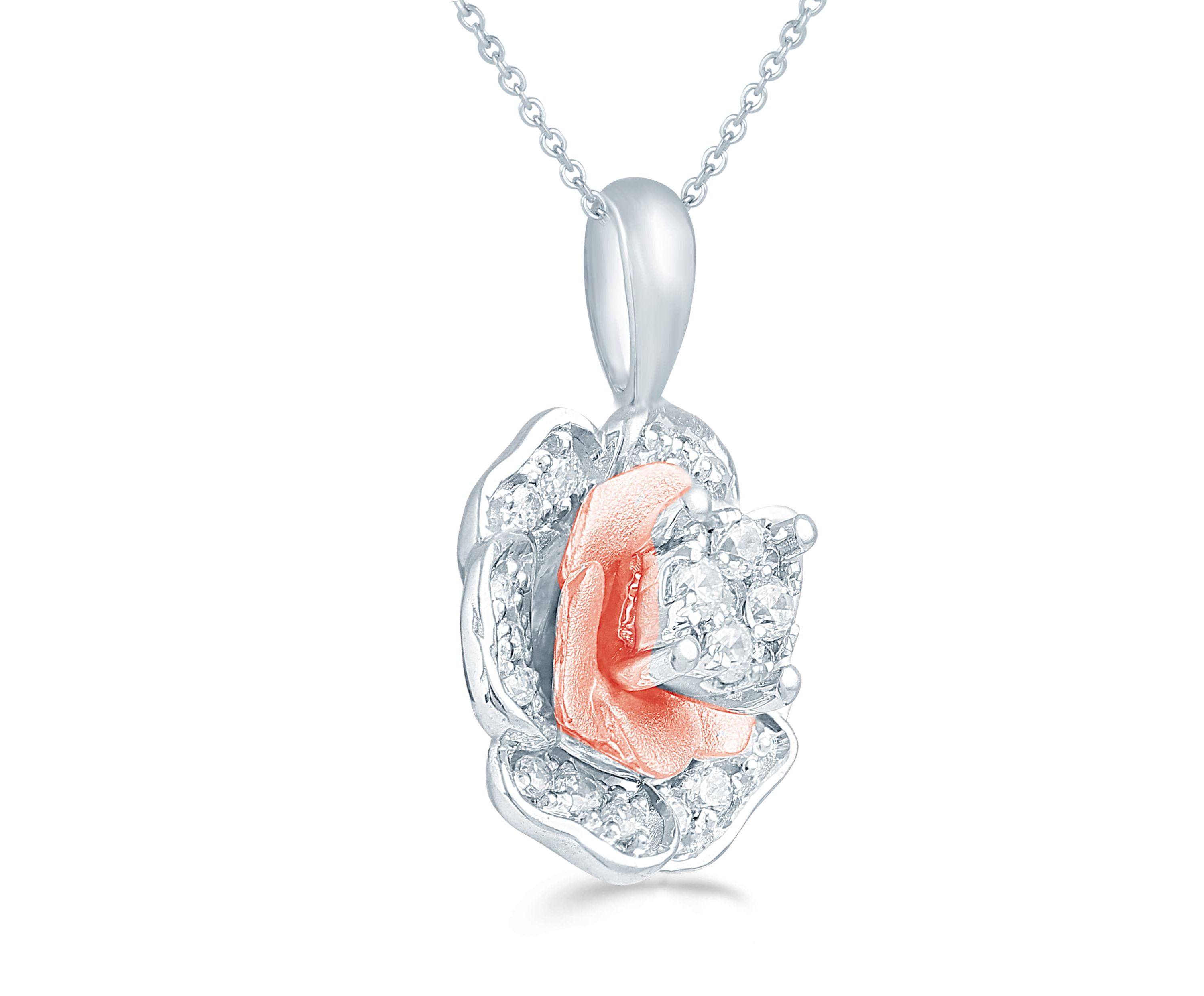 1/4Ctw Diamond Floral Cluster Pendant in 925 Sterling Silver & Pink Rhodium plated with 18" cable chain
