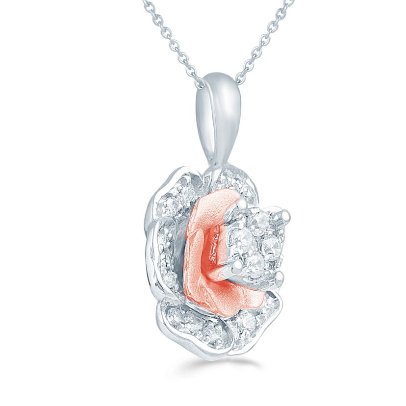 1/4Ctw Diamond Floral Cluster Pendant in 925 Sterling Silver & Pink Rhodium plated with 18" cable chain