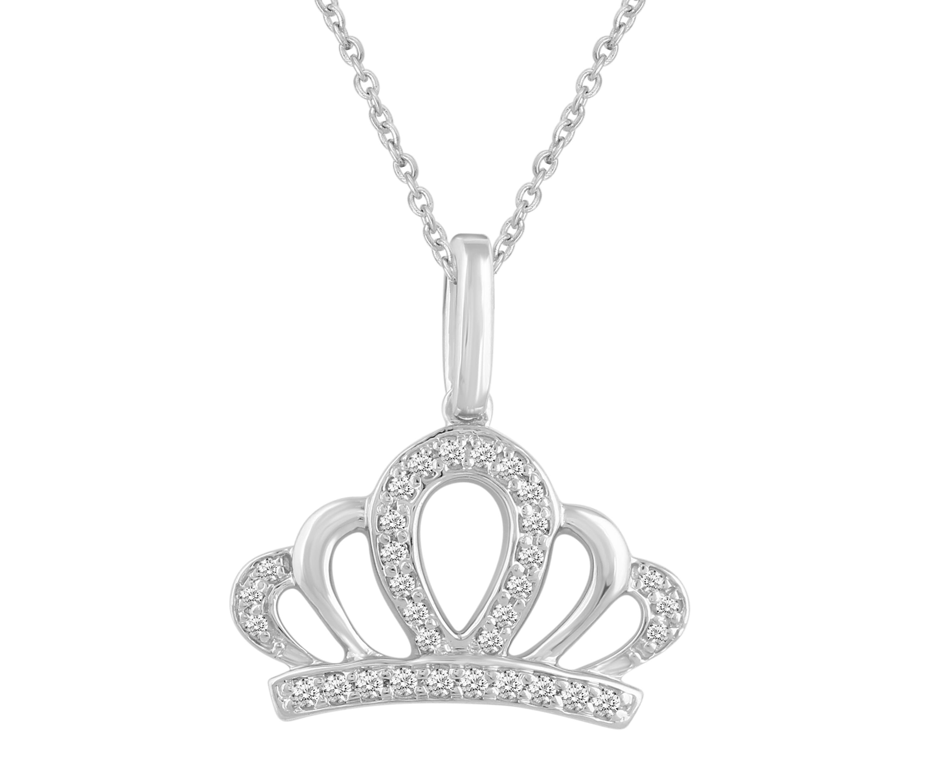 1/10Ctw Tiara Crown Diamond Pendant Necklace set in 925 Sterling Silver with 18" cable chain
