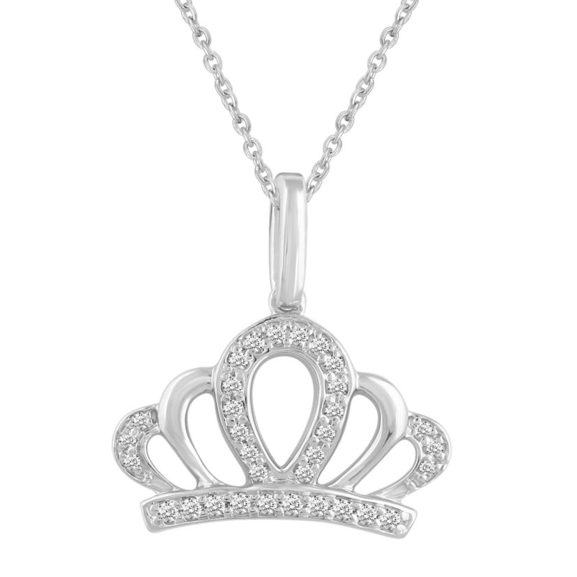 1/10Ctw Tiara Crown Diamond Pendant Necklace set in 925 Sterling Silver with 18" cable chain