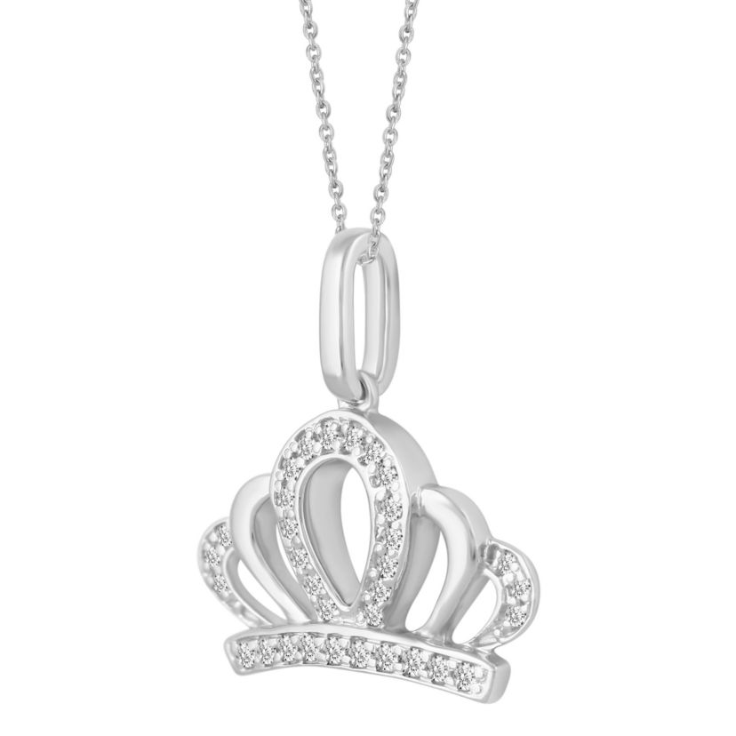 1/10Ctw Tiara Crown Diamond Pendant Necklace set in 925 Sterling Silver with 18" cable chain