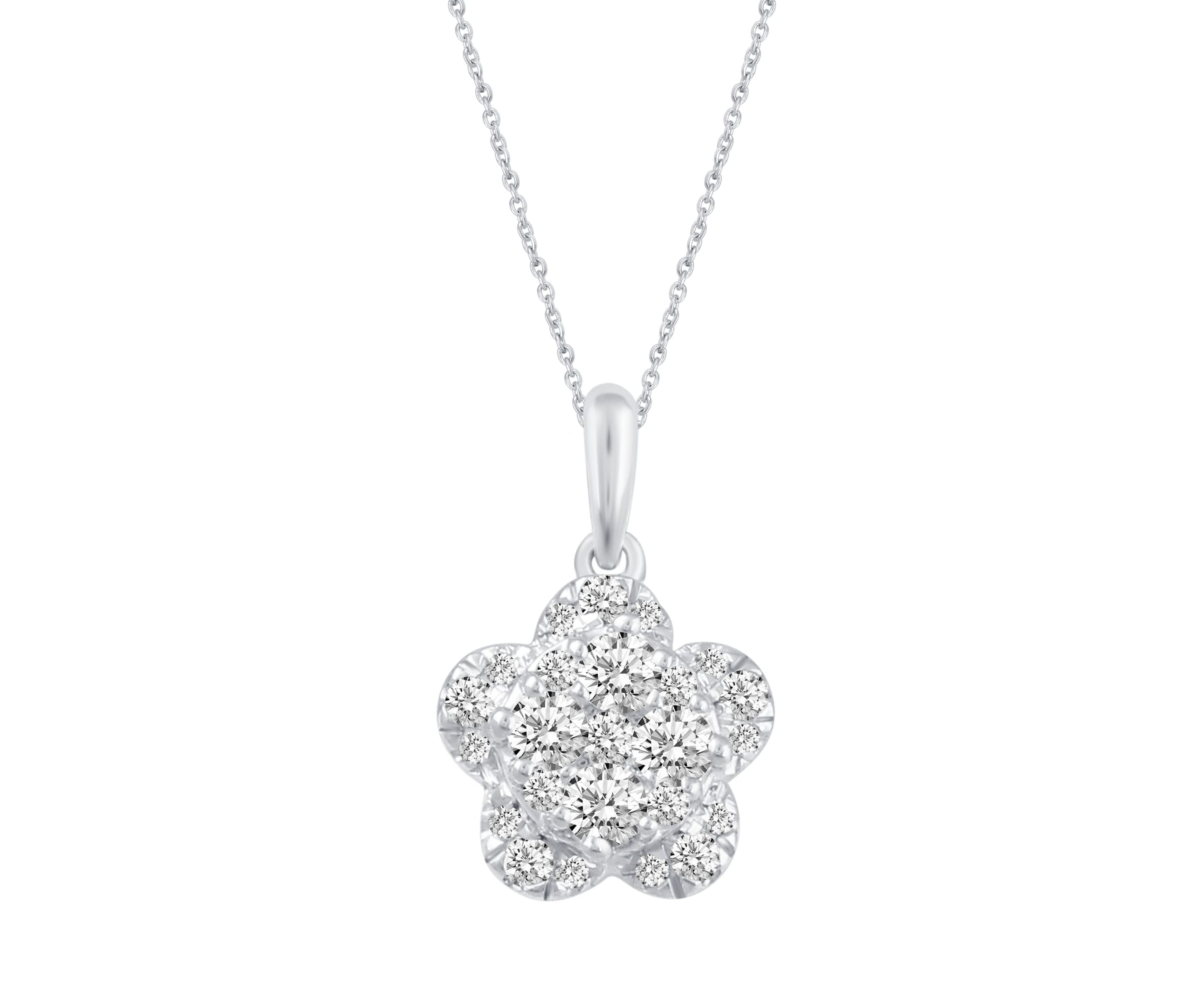 1/2 Ctw Diamond Flower Pendant in 14K White Gold with 18" cable chain