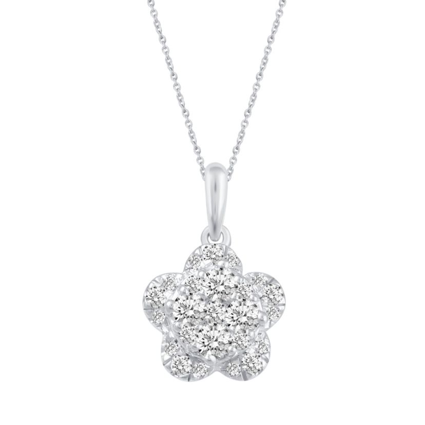 1/2 Ctw Diamond Flower Pendant in 14K White Gold with 18" cable chain