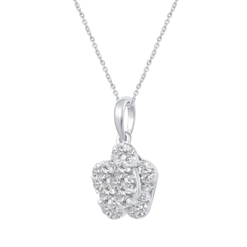 1/2 Ctw Diamond Flower Pendant in 14K White Gold with 18" cable chain