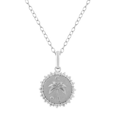 Royal Aura 1/4Ctw Medallion Palm Tree Diamond Pendant in 925 Sterling Silver with 18" Cable Chain, White, 17