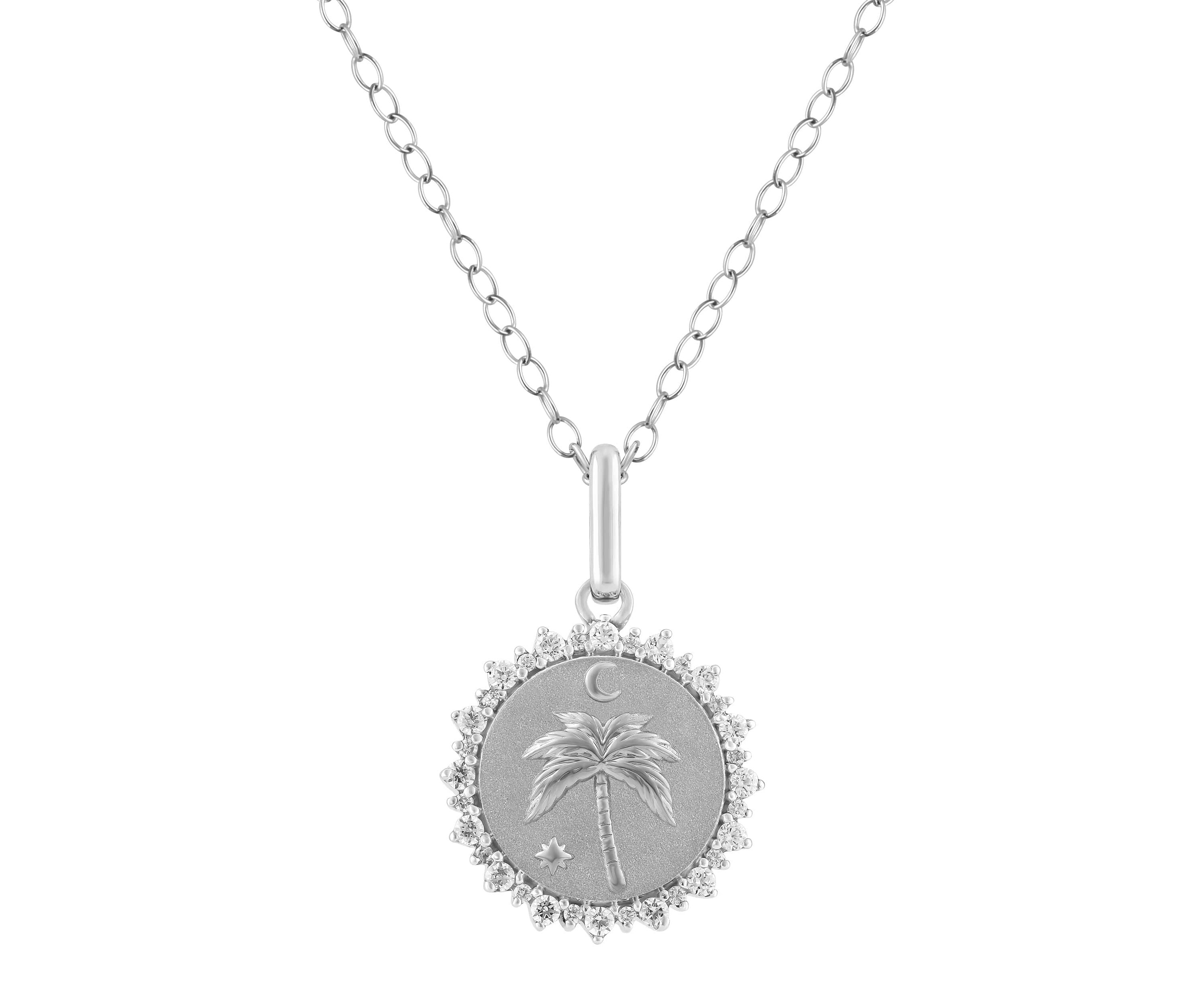 1/4Ctw Medallion Palm Tree Diamond Pendant in 925 Sterling Silver with 18" Cable Chain