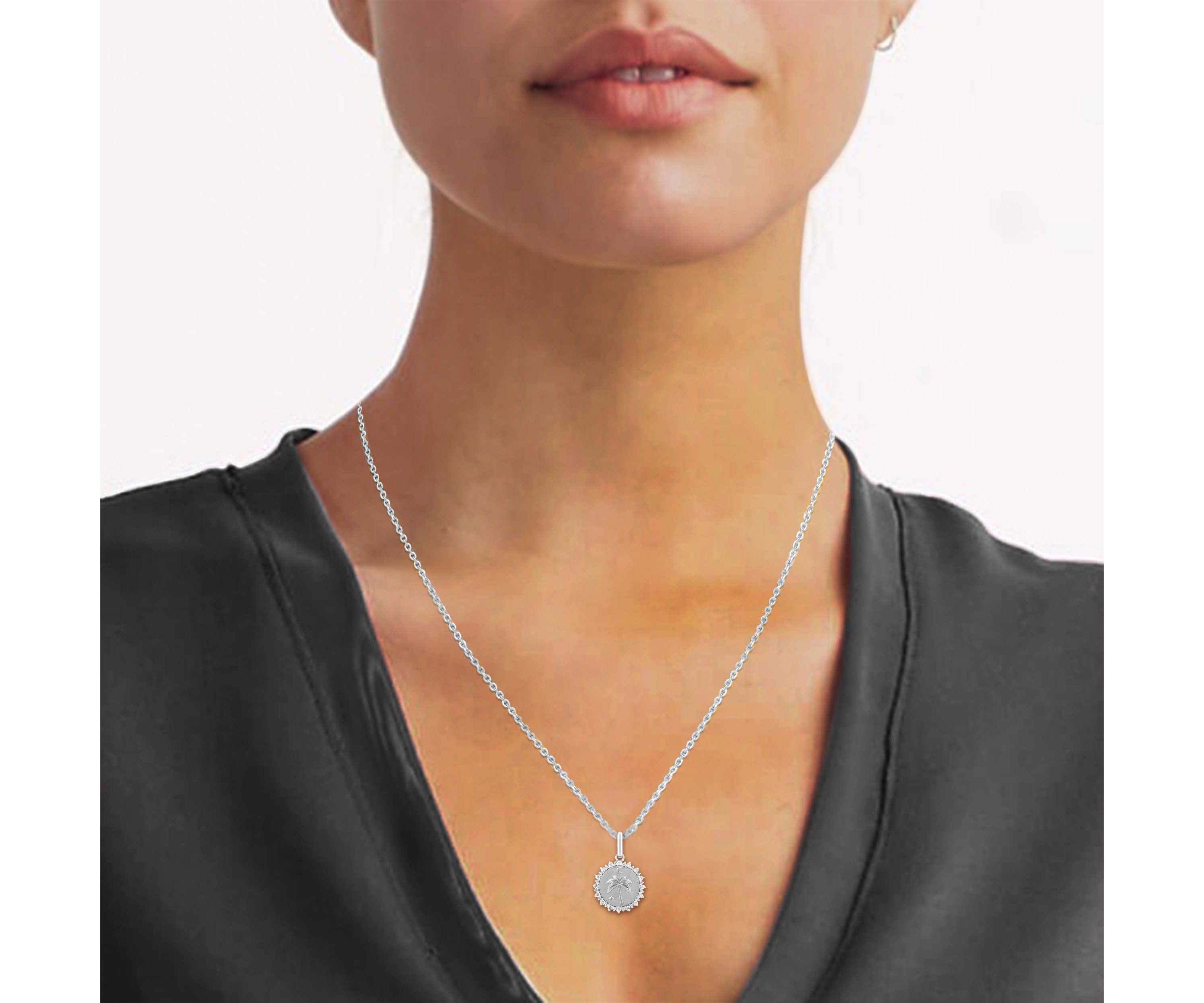 1/4Ctw Medallion Palm Tree Diamond Pendant in 925 Sterling Silver with 18" Cable Chain