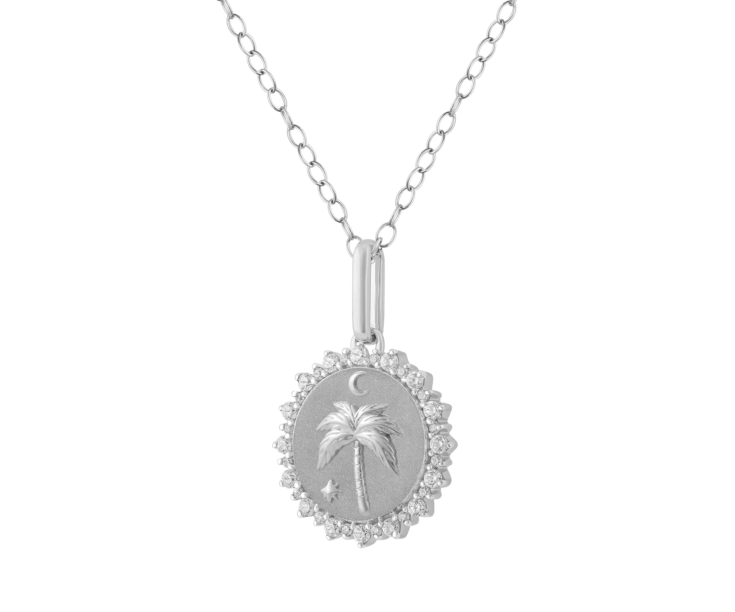 1/4Ctw Medallion Palm Tree Diamond Pendant in 925 Sterling Silver with 18" Cable Chain
