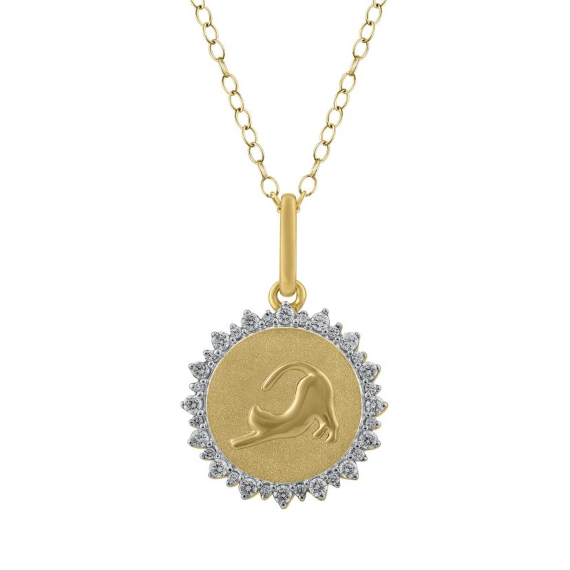 1/4Ctw Medallion Cat Diamond Pendant in 925 Silver with 18K Yellow Gold Plating 18" Cable Chain