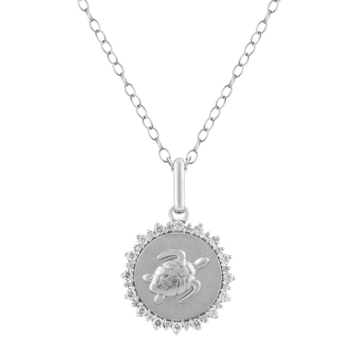 1/4Ctw Medallion Turtle Diamond Pendant in 925 Sterling Silver with 18" Cable Chain