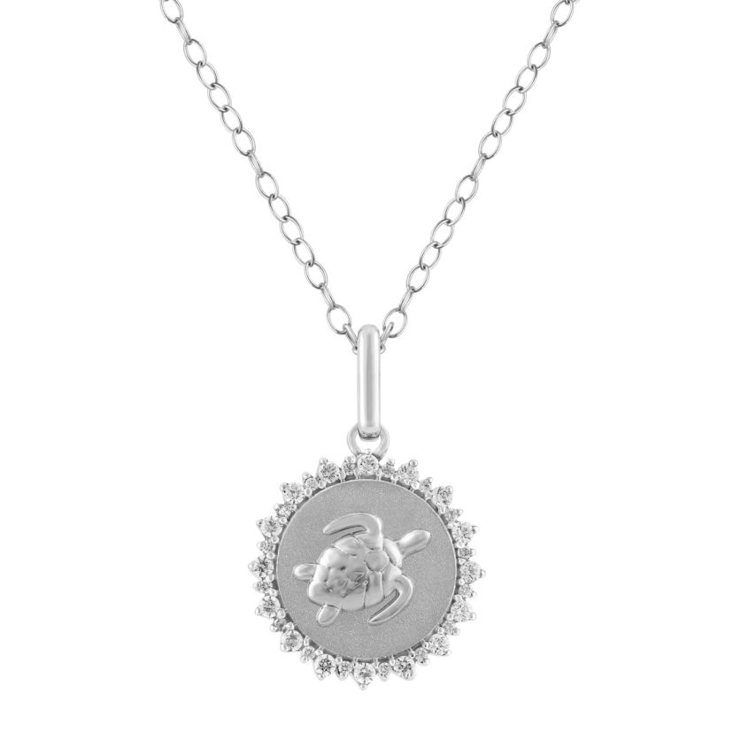 1/4Ctw Medallion Turtle Diamond Pendant in 925 Sterling Silver with 18" Cable Chain