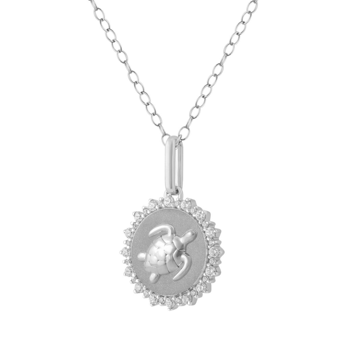 1/4Ctw Medallion Turtle Diamond Pendant in 925 Sterling Silver with 18" Cable Chain