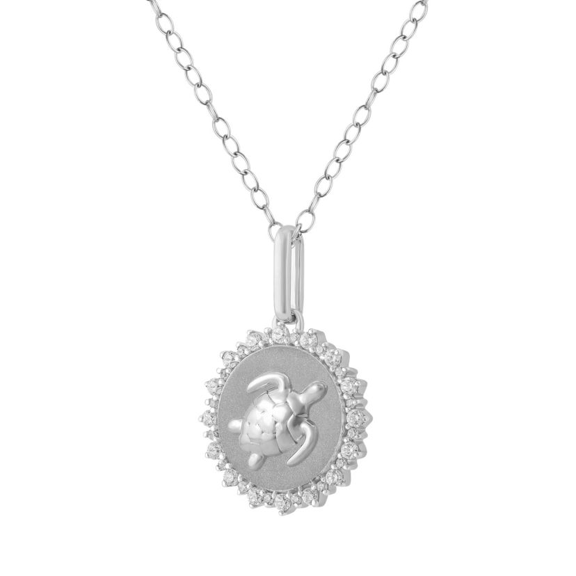 1/4Ctw Medallion Turtle Diamond Pendant in 925 Sterling Silver with 18" Cable Chain