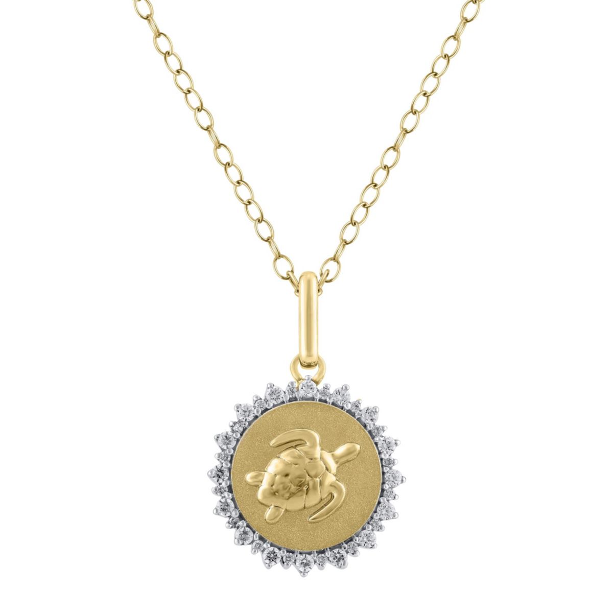 1/4Ctw Medallion Turtle Diamond Pendant in 925 Silver with 18K Yellow Gold Plating 18" Cable Chain