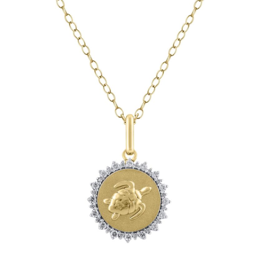 1/4Ctw Medallion Turtle Diamond Pendant in 925 Silver with 18K Yellow Gold Plating 18" Cable Chain