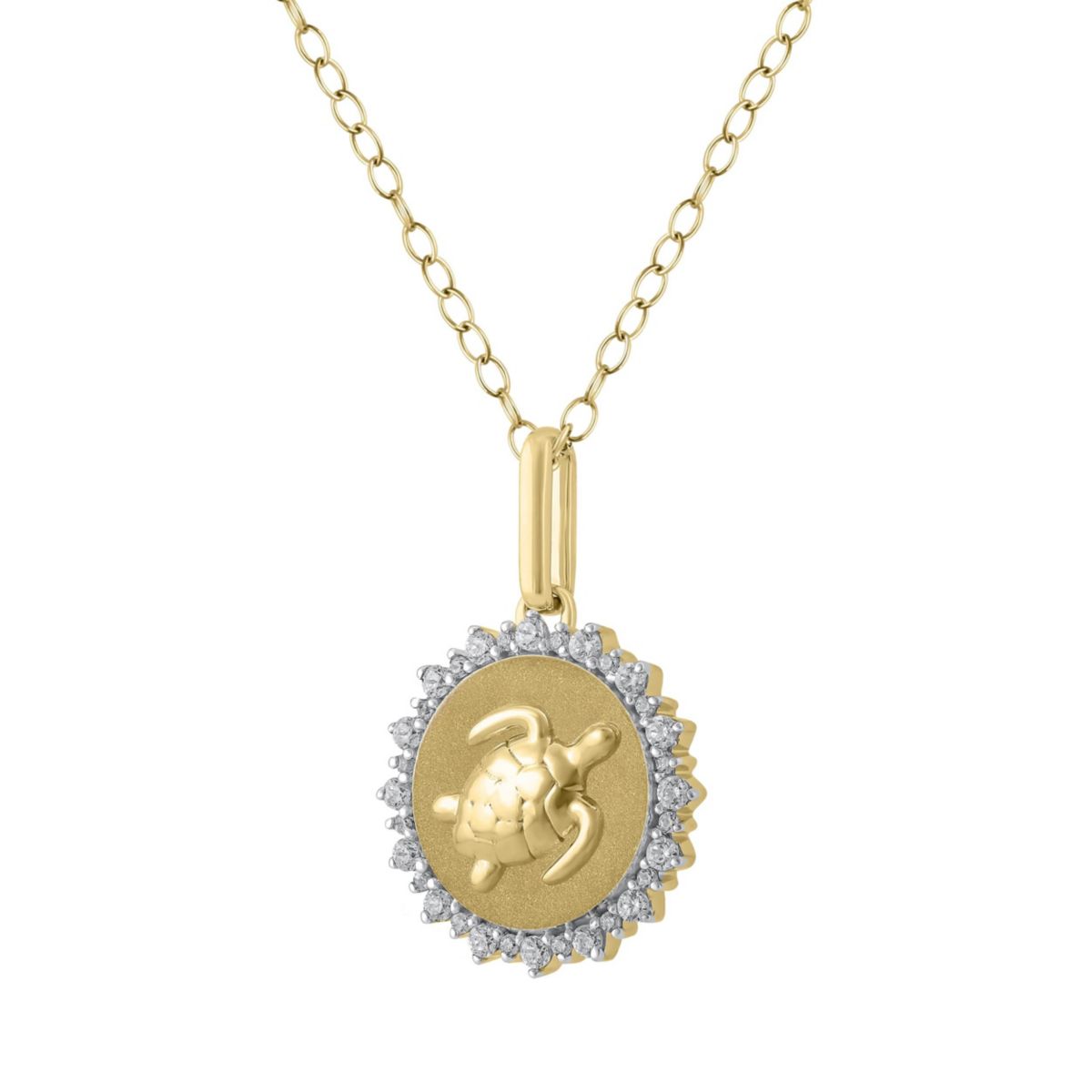1/4Ctw Medallion Turtle Diamond Pendant in 925 Silver with 18K Yellow Gold Plating 18" Cable Chain
