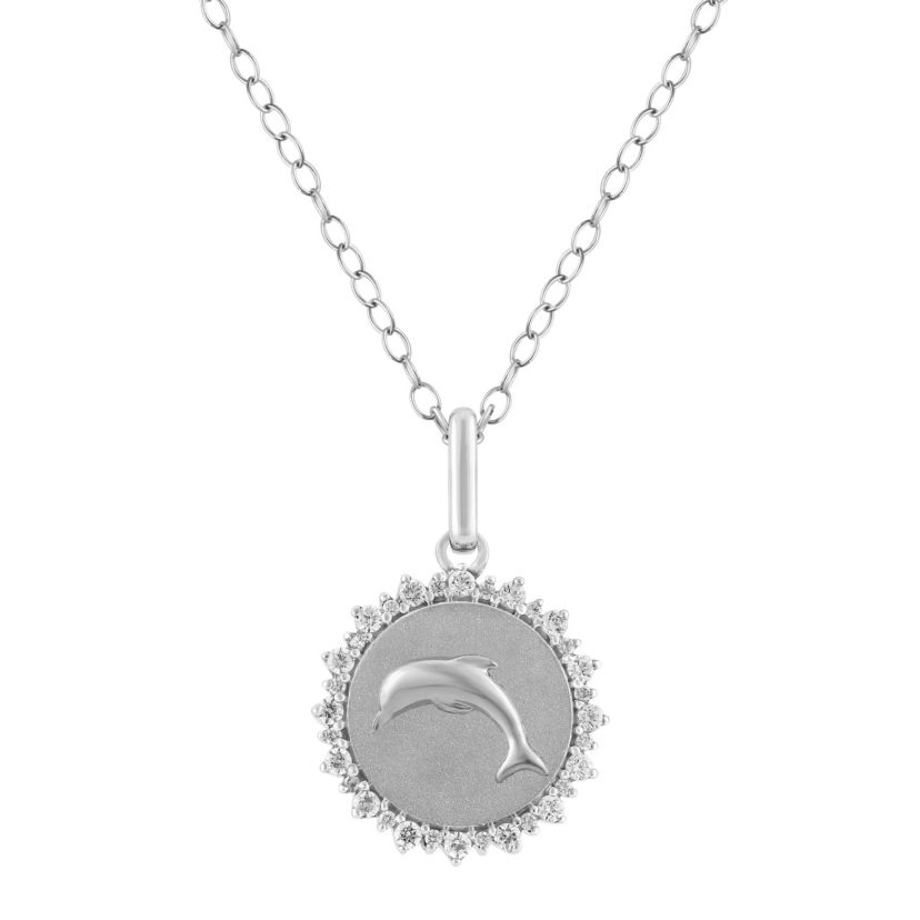 1/4Ctw Medallion Dolphin Diamond Pendant in 925 Sterling Silver with 18" Cable Chain