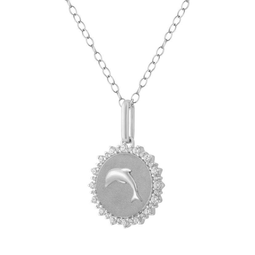 1/4Ctw Medallion Dolphin Diamond Pendant in 925 Sterling Silver with 18" Cable Chain