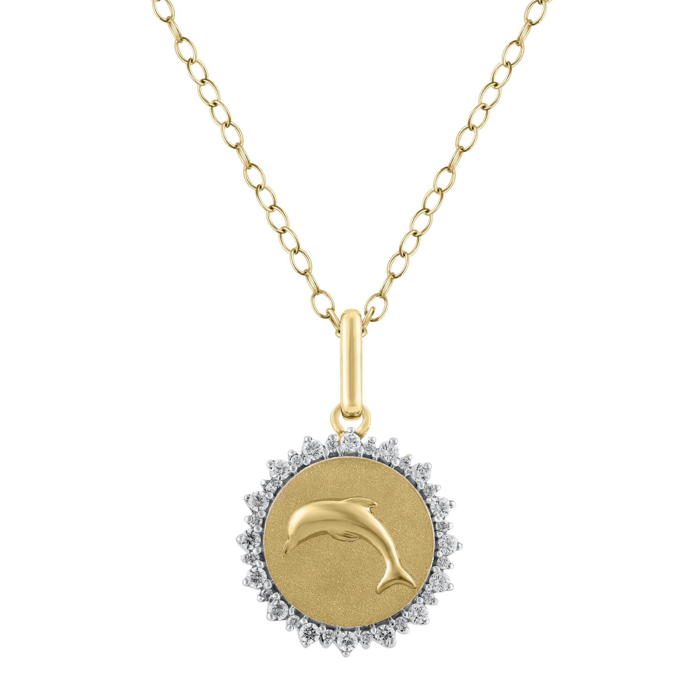 1/4Ctw Medallion Dolphin Diamond Pendant in 925 Silver with 18K Yellow Gold Plating 18" Cable Chain