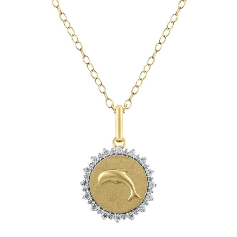 1/4Ctw Medallion Dolphin Diamond Pendant in 925 Silver with 18K Yellow Gold Plating 18" Cable Chain