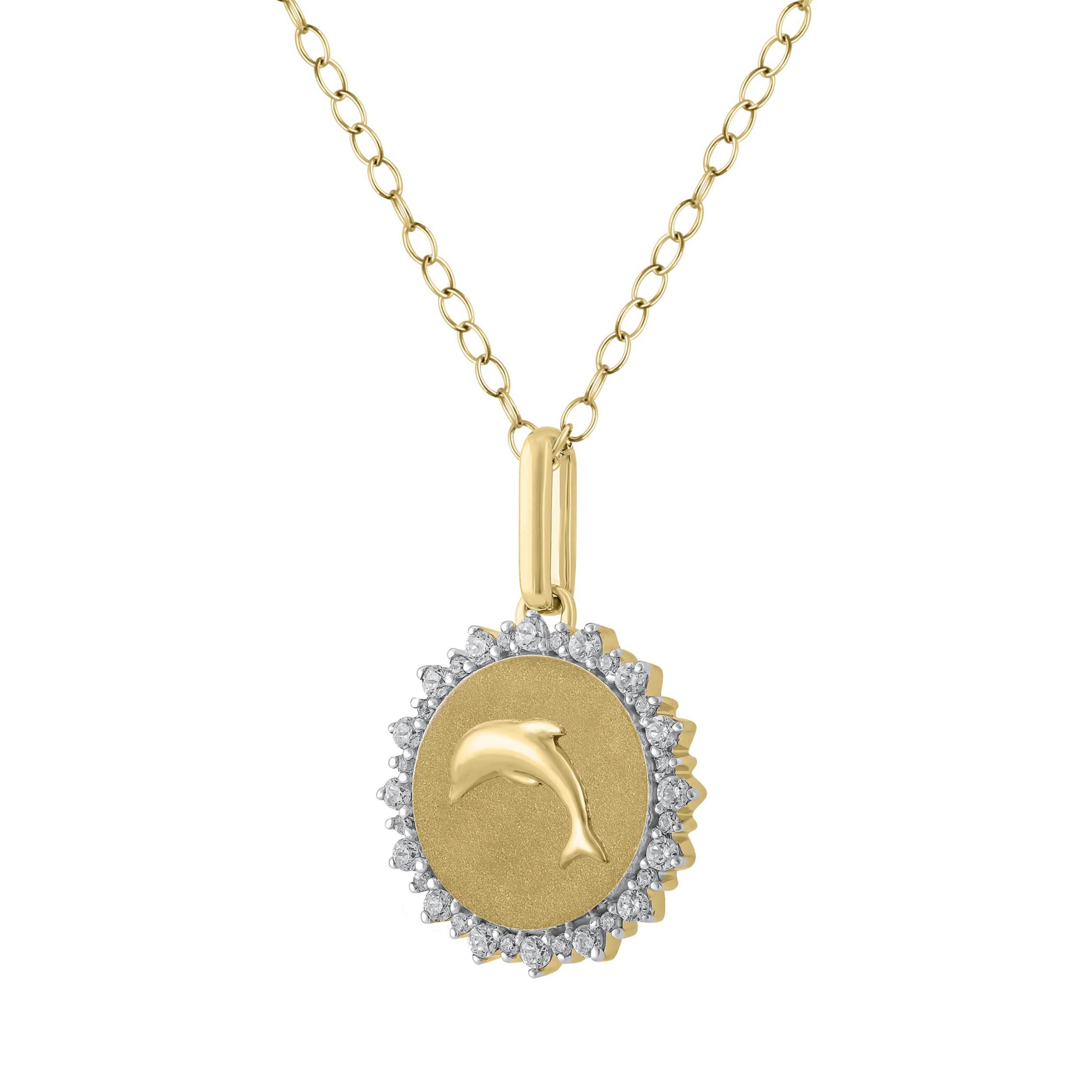 1/4Ctw Medallion Dolphin Diamond Pendant in 925 Silver with 18K Yellow Gold Plating 18" Cable Chain