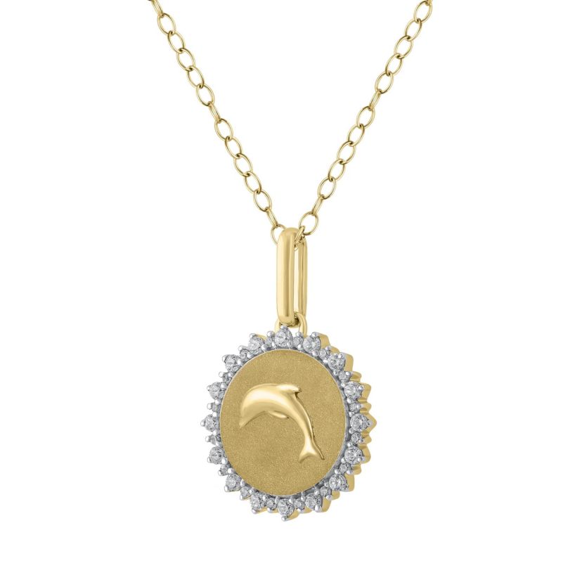 1/4Ctw Medallion Dolphin Diamond Pendant in 925 Silver with 18K Yellow Gold Plating 18" Cable Chain