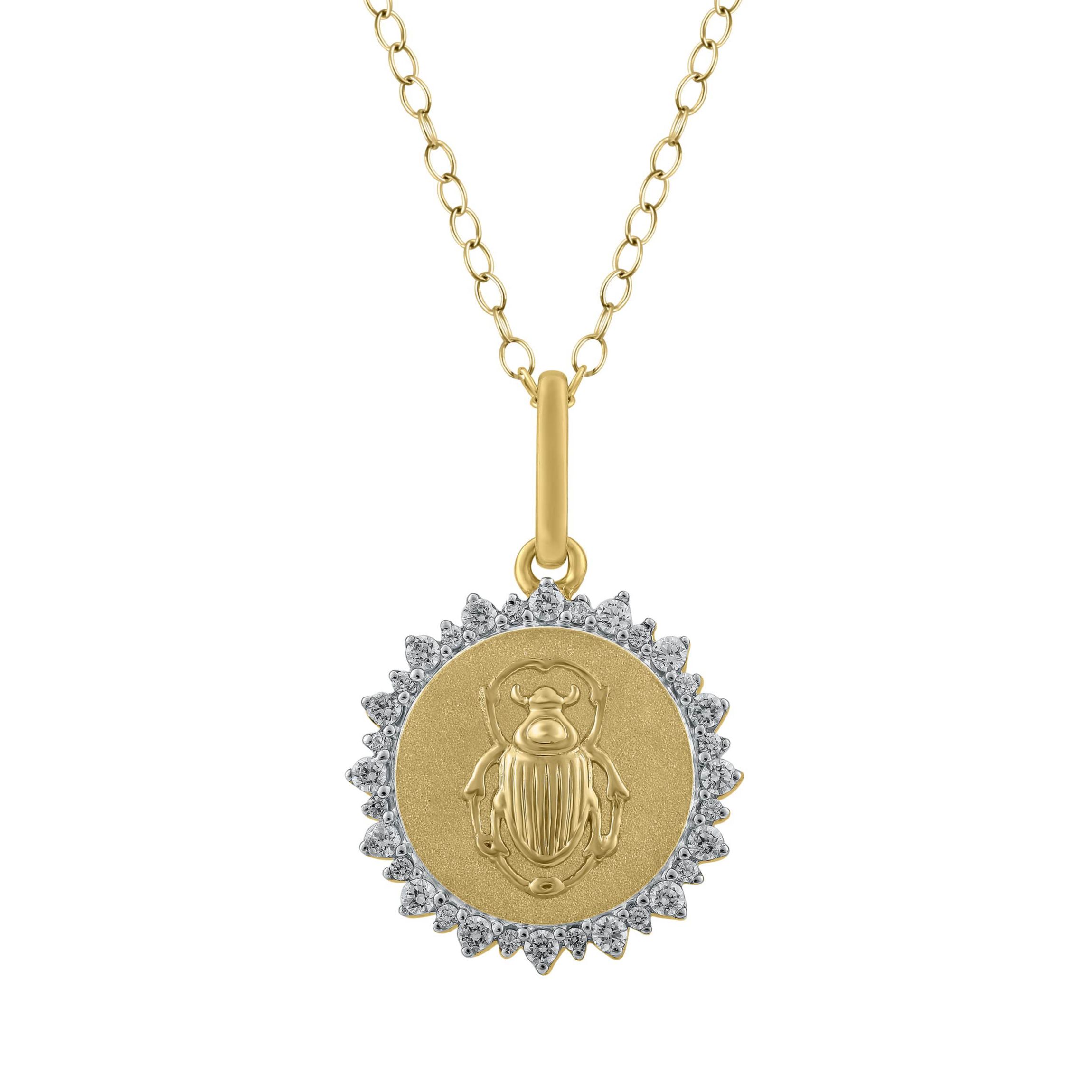 1/4Ctw Medallion Scarab Diamond Pendant in 925 Silver with 18K Yellow Gold Plating 18" Cable Chain