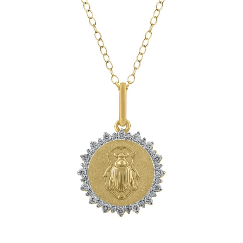 1/4Ctw Medallion Scarab Diamond Pendant in 925 Silver with 18K Yellow Gold Plating 18" Cable Chain