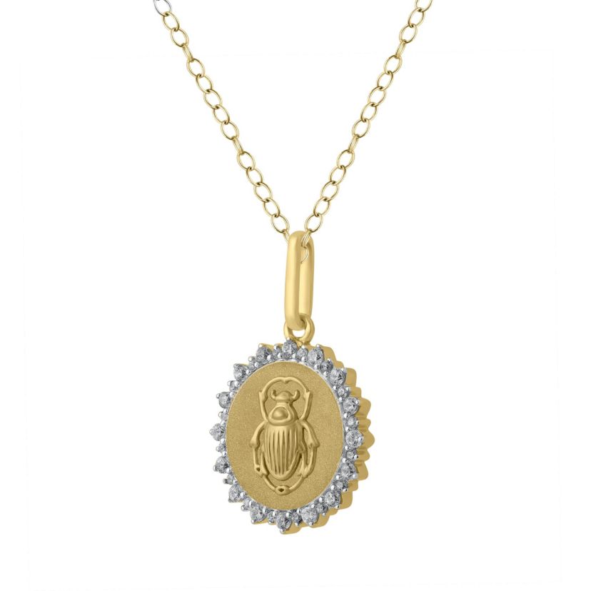 1/4Ctw Medallion Scarab Diamond Pendant in 925 Silver with 18K Yellow Gold Plating 18" Cable Chain
