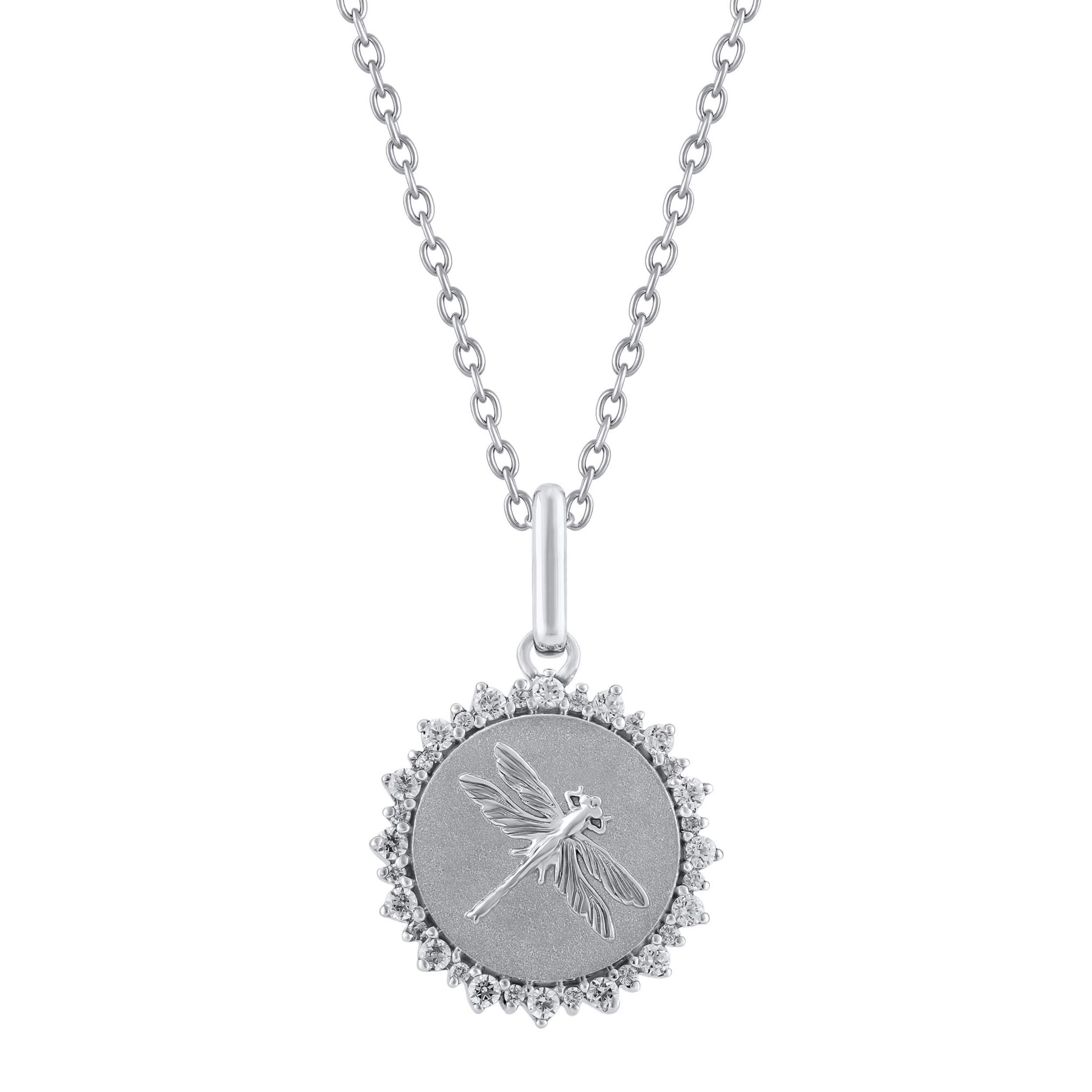 1/4Ctw Medallion Dragon Fly Diamond Pendant in 925 Sterling Silver with 18" Cable Chain