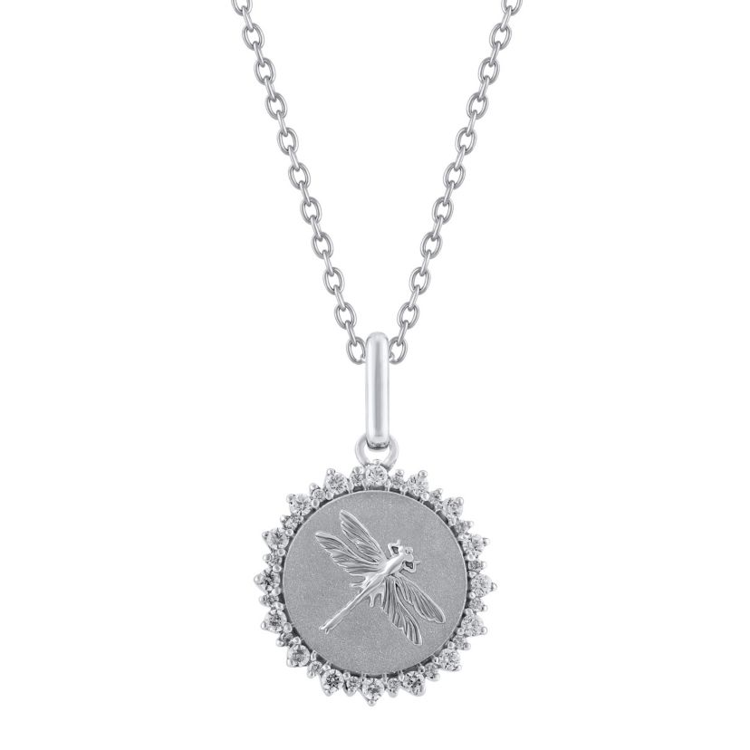 1/4Ctw Medallion Dragon Fly Diamond Pendant in 925 Sterling Silver with 18" Cable Chain