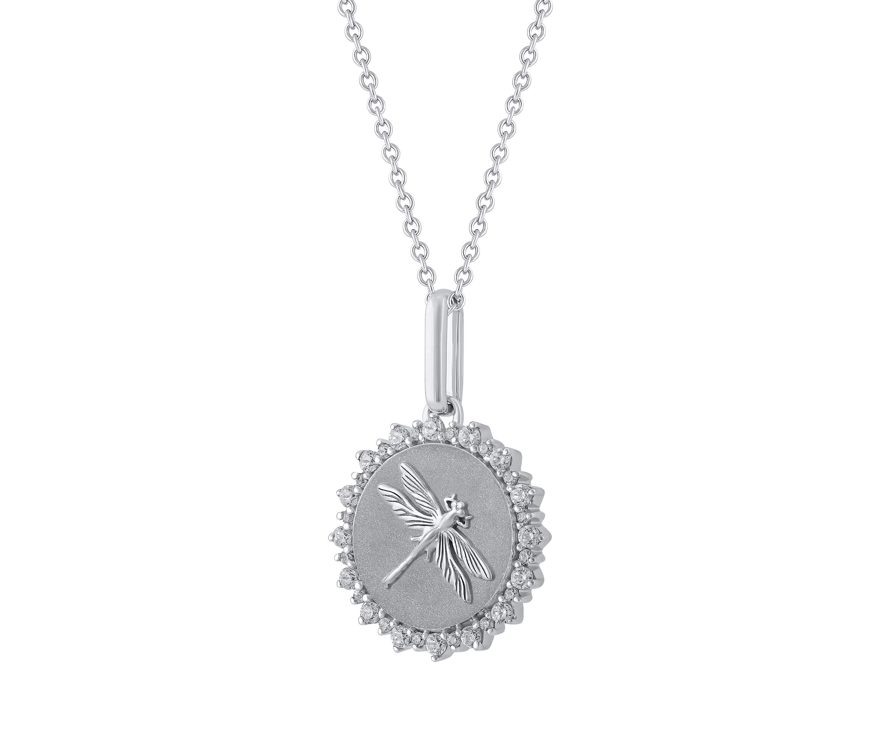 1/4Ctw Medallion Dragon Fly Diamond Pendant in 925 Sterling Silver with 18" Cable Chain